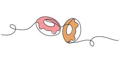 one continuous line drawing two delicious donuts with colorful topping isolated on white background. vector