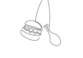 one continuous line drawing of hamburger and fried chicken isolated on white background. vector