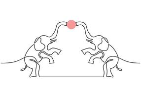 Two Elephants playing ball with their trunk in one single continuous line drawing. vector