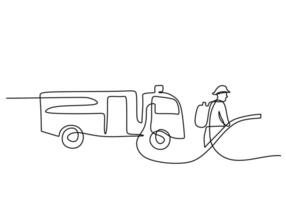 One line drawing of Firefighter in front of fire engine truck. vector