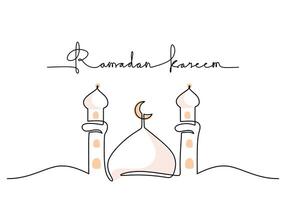 Mosque with ramadan kareem text. One line drawing vector