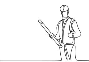 One line drawing of young architect holding blueprint paper pose vector