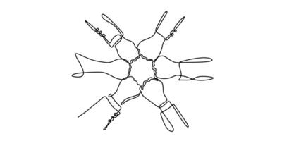 One line drawing of people unite their hands to form shape vector