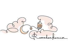 Hanging crescent moon, star lanterns and cloud with ramadan kareem handwritten in One line drawing vector