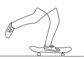 Leg with trouser on skateboard in one continuous single line art drawing style isolated background. vector
