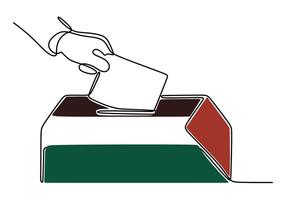 Hand put paper in palestine flag box continuous one line art drawing vector