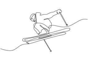 Continuous one line drawing of skier athlete vector