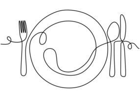 Continuous single line drawing of plate, spoon, fork and knife vector