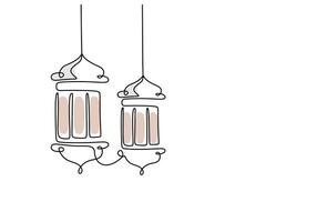 Hanging lanterns one continuous line drawing. Ramadan kareem concept illustration. vector