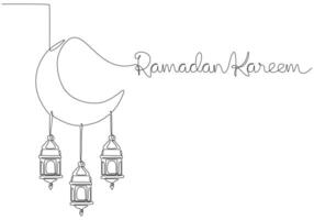 Hanging crescent moon and lanterns with ramadan kareem handwritten inscription in One line drawing. vector