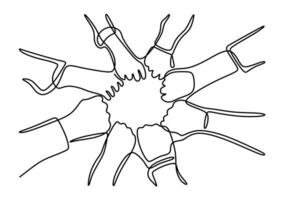 Teamwork One line drawing. business people unite hands. vector