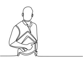 Businessman bring paper documents in one line art style. vector