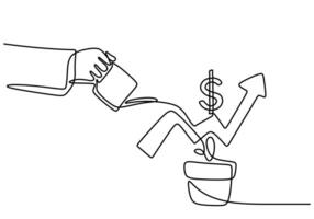 one continuous line drawing hand watering dollar plants with graphic isolated on white background vector