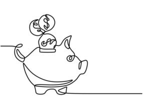 one continuous line drawing of piggy bank with dollar coin. Safe money symbol and business finance. vector