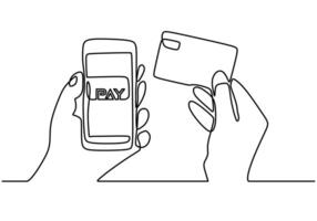 Continuous line drawing of hand hold Smartphone and credit card vector