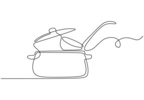 one continuous line drawing of ladle in pan on white background for cooking and kitchen concept. vector