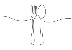 one continuous line drawing of fork and spoon on white background. Cooking, kitchen and table manner vector
