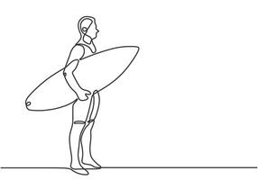 Man surfer bring surfing board in one continuous single line art drawing on white background vector