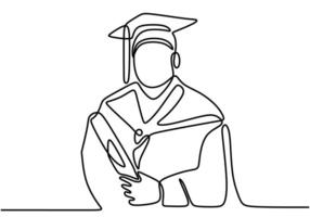 one continuous line drawing of graduated student wear toga, cap, gown and bring certificate paper. vector