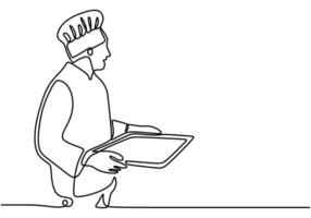 One line drawing of chef bring tray. vector