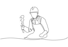 man mechanic holding wrench set workshop garage in single line vector