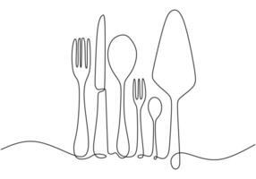 one continuous line drawing of forks, knife, and spoons on white background for Table manner concept vector