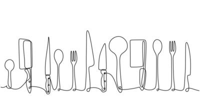 one continuous line drawing of knifes, spoons, forks and ladle. cooking and kitchen concept . vector