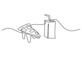 one continuous line drawing of slice pizza and soft drink isolated on white background. vector