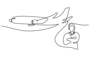 Pilot and airplane in one continuous line drawing style. vector