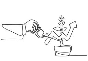 Continuous line drawing of hand watering dollar plants with graphic isolated on white background vector