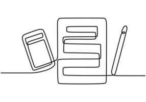one continuous line drawing of calculator, book note and pen illustration on white background vector