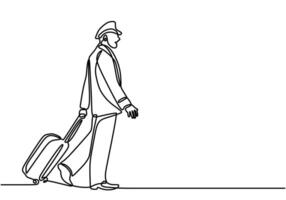 Pilot bring suitcase in one continuous line drawing style. vector
