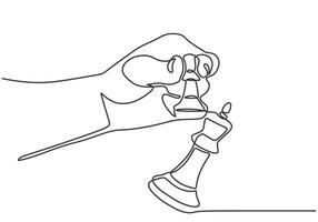 Hand play chess on board one continuous single line art drawing style isolated white background. vector
