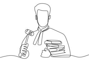 Single one line drawing law judge bring hammer and book vector