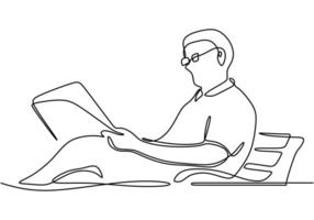Continuous one line drawing of old man sitting and reading vector
