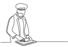 One Continuous single line drawing of chef cooking. vector