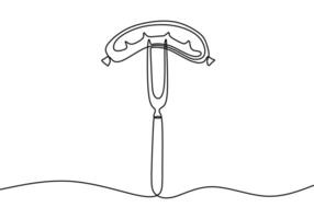 one continuous line drawing of sausage on fork isolated on white background. Fast Food minimalism. vector