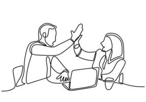 Continuous line drawing of office workers at business meeting high five vector