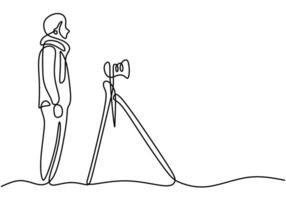 one continuous line drawing of man doing photography with tripod camera. Photographer concept. vector