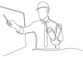 one line drawing of architect holding blueprint paper explaining pose vector