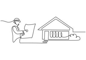 One line drawing of engineer controlling construction of building vector