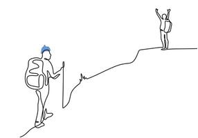 Mountain climbers in one continuous single line art drawing style. vector