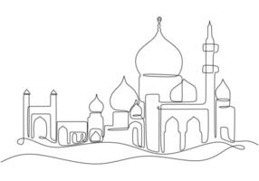 Big mosque on the desert in one single continuous line drawing style Ramadan concept . vector