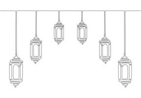 Hanging lanterns one single continuous line drawing. Decorative Ramadan kareem concept illustration. vector