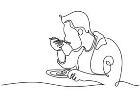 one continuous single line of man eating food on the table isolated on white background. vector