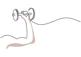 Single continuous line drawing hand holding dumbbell. Hand with muscle holding vector