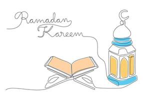 Quran with board and lantern with ramadan kareem handwriting in one single continuous line style. vector