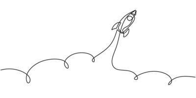 One continuous line drawing Rocket space ship launch vector