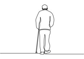 Old man walking with a cane in continuous single line drawing. vector