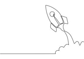 One continuous line drawing of Rocket space ship launch into universe. vector